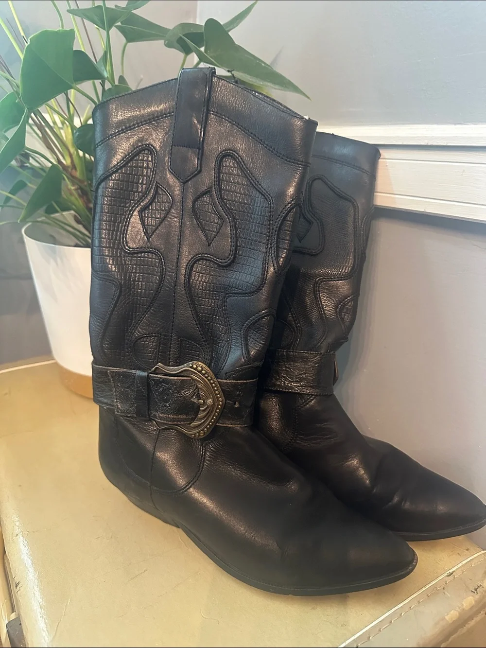 Vintage DP Italia Black Leather Western Harness Boots Made in Italy Women's 7M - Picture 2 of 13